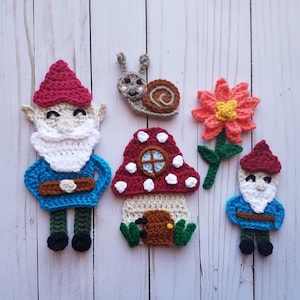 No Place Like Gnome Applique Pack- Crochet Pattern Only- Gnome- Mushroom House- Flower- Snail- Crochet Applique Pattern