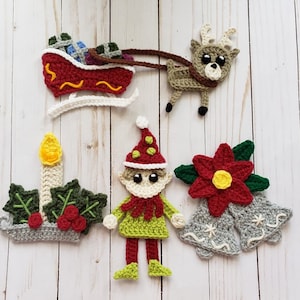 Merry Little Christmas Applique Pack- Crochet Pattern Only- Sleigh- Reindeer- Elf- Candle- Bells- Crochet Applique Pattern
