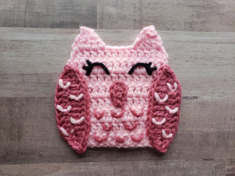 Puede incluir: Un b&uacute;ho de crochet rosa con ojos negros y alas rosas y blancas.