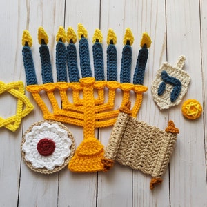 Hanukkah Applique Pack- Crochet Pattern Only- Hanukkah, Torah, Gelt, Star of David, Dreidel, Donut, Hanukkah Appliques