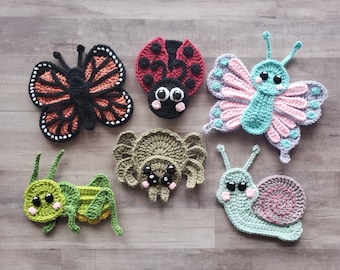 A Little Bugger Applique Pack- Crochet Pattern Only- Snail- Butterflies- Grasshopper- Ladybug- Spider- Crochet Applique Pattern