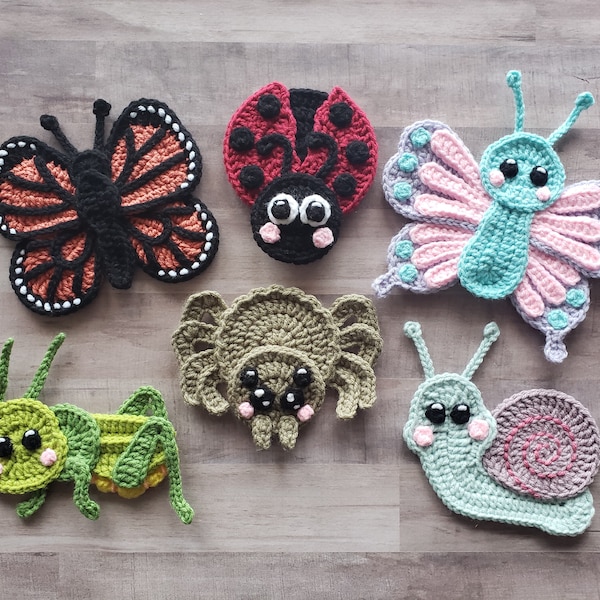 Pack d'appliques A Little Bugger - motif au crochet uniquement - escargot - papillons - sauterelle - coccinelle - araignée - motif d'appliques au crochet