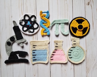 Pack d'appliques science folle - motif au crochet uniquement - microscope - bécher - flacons - Pi - rayonnement - atome - ADN - pack d'appliques au crochet