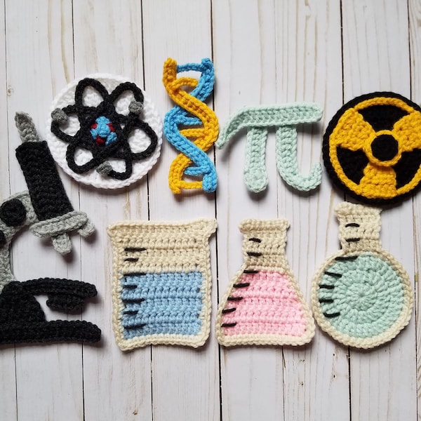 Mad Science Applique Pack- Crochet Pattern Only- Microscope- Beaker- Flasks- Pi- Radiation- Atom- DNA- Crochet Applique Pack