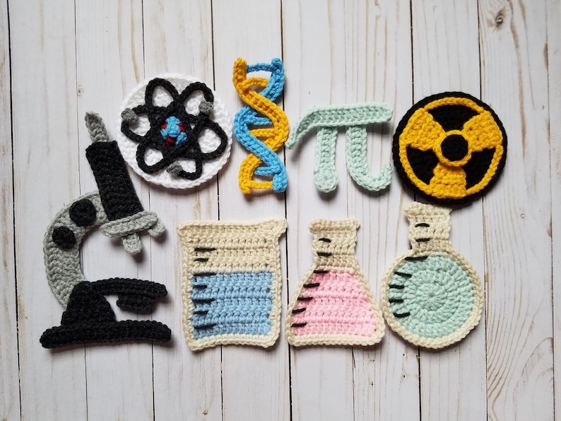 Mad Science Applique Pack Crochet Pattern Only Microscope Beaker Flasks Pi Radiation Atom DNA Crochet Applique Pack image 1