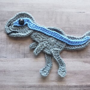 May include: A gray crocheted dinosaur with a blue crocheted stripe across its back. The dinosaur has a black eye.