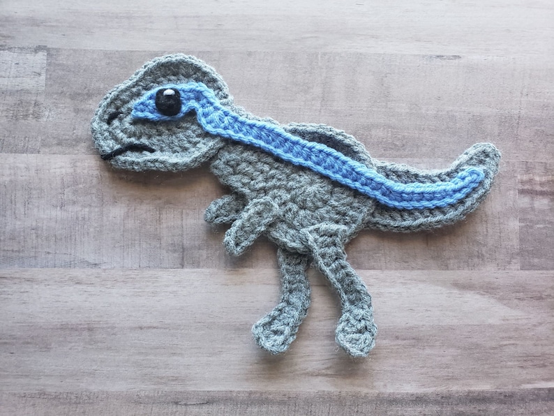 May include: A gray crocheted dinosaur with a blue crocheted stripe across its back. The dinosaur has a black eye.