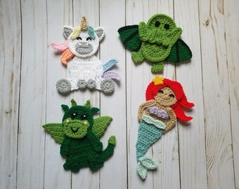 Fantasy Adventure Applique Pack- Crochet Pattern Only- Mermaid- Dragon- Unicorn- Cthulhu- Crochet Applique Pattern