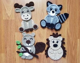 Woodland Animals #2 Applique Pack- Crochet Pattern Only- Beaver- Moose- Raccoon- Hedgehog- Crochet Applique Pack