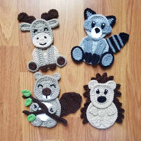 Pack d'appliques animaux de la forêt #2 - motif au crochet uniquement - castor - orignal - raton laveur - hérisson - lot d'appliques au crochet