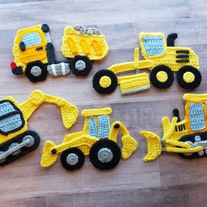 Construction Worksite Applique Pack- Crochet Pattern Only- Dump Truck- Excavator- Bulldozer- Backhoe- Grader- Crochet Applique Patterns