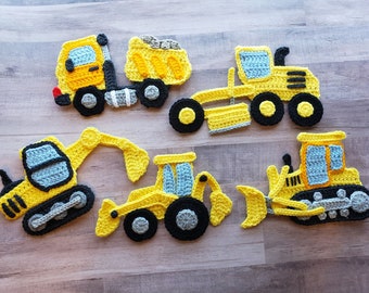 Construction Worksite Applique Pack- Crochet Pattern Only- Dump Truck- Excavator- Bulldozer- Backhoe- Grader- Crochet Applique Patterns