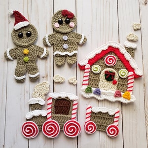 Ginger All the Way applique pack- Crochet Pattern Only- Gingerbread Man and Woman, Gingerbread House and Train- Crochet Applique Pattern