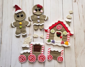 Ginger All the Way applique pack- Crochet Pattern Only- Gingerbread Man and Woman, Gingerbread House and Train- Crochet Applique Pattern