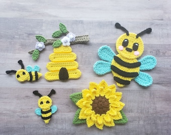 Oh Bee-Have Applique Pack- Crochet Pattern Only- Bees- Beehive- Sunflower- Crochet Applique Pattern