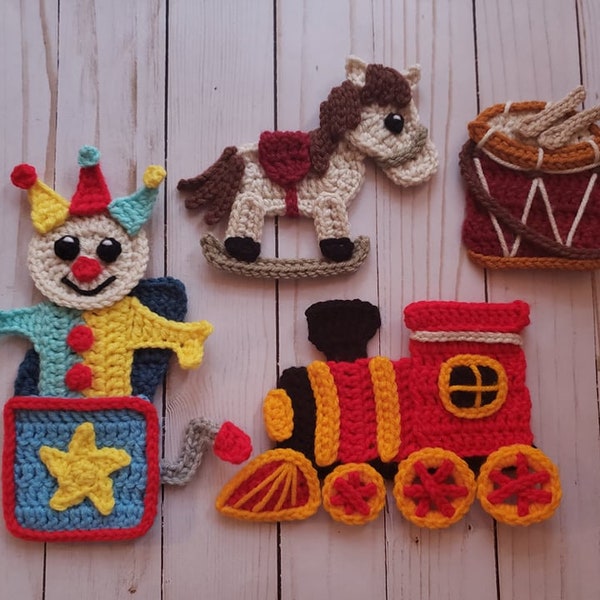 Christmas Toy Collection Applique Pack- Crochet Pattern Only- Train- Rocking Horse- Drum- Jack in the Box- Crochet Applique Pattern