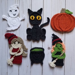 All Hallows Eve Vol 1 Applique Pack- Crochet Pattern Only- Witches- Black Cat- Pumpkin- Ghost- Cauldron- Crochet Applique Pattern