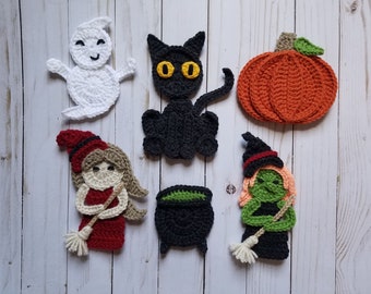 All Hallows Eve Vol 1 Applique Pack- Crochet Pattern Only- Witches- Black Cat- Pumpkin- Ghost- Cauldron- Crochet Applique Pattern