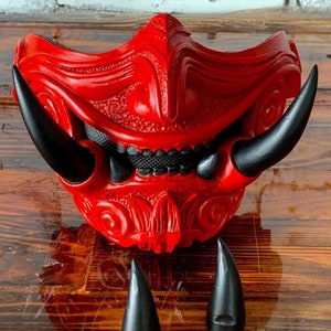 Half Face Samurai Mask Oni Mempo Armor Japanese red monster + 2 sets of teeth