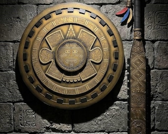 Aztec Warrior Set: Macuahuitl Sword 37" & Chimalli Shield 22". Steel Core Sword. Sun Stone Calendar. Handcrafted EVA Foam Cosplay Wall Decor
