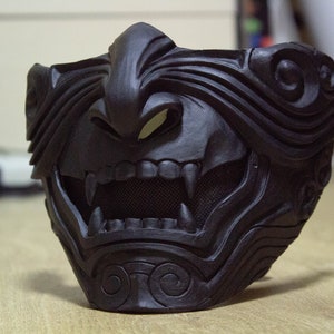 Oni Half Face Wearable Mempo Mask, Japanese Samurai Cosplay Steelish Black Half  Face Mask, Ninja Armour, Youkai Half Mask With Big Fangs 