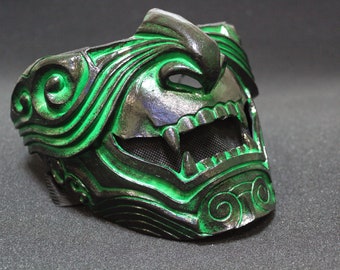 Half Face REPTILE Samurai Mask Oni Mempo Armor Japanese Black Green demon