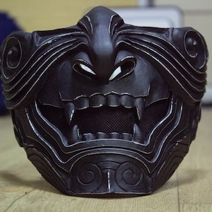 scratched Half Face Samurai Mask Oni Mempo Armor Japanese Black demon