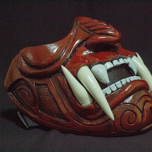 Half Face red demon Assassin Ronin Samurai Mask, Cool Baddass Demon Oni Mempo Japanese