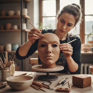 May include: A craftsperson working on a clay sculpture of a human face. The sculpture is on a wooden stand, surrounded by pottery tools and a bowl of liquid. The artist is using a small tool to refine the details of the face.