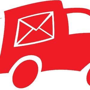 May include: A red cartoon delivery truck with a white envelope in the window. The truck is speeding with red lines behind it.