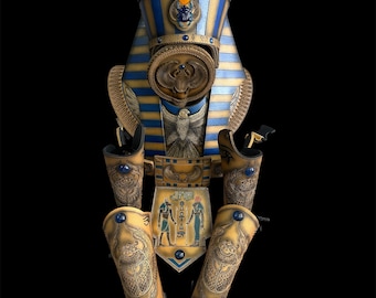 Full Pharaoh Costume with Staff Finial - Ancient Egyptian Armor Set: Headpiece, Collar, Belt, Bracers & Greaves - Universal Size Handmade