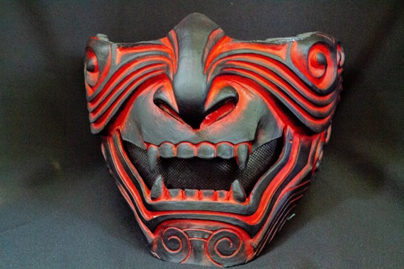 Half Face Samurai Mask Oni Mempo Armor Japanese Red Black Demon - Etsy
