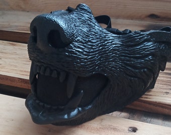 Realistic Wolf Mask - Black Werewolf Lower Face Mask, Dire Wolf Headpiece for Cosplay & Festivals, Angry Bear Style Mask, Beast Jaw Mask