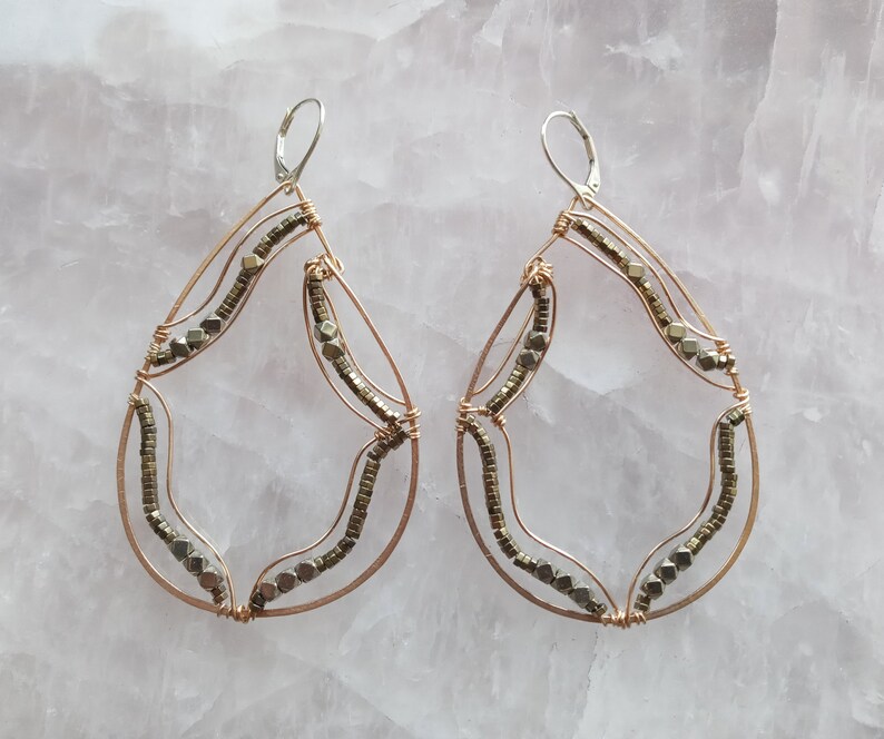 Large Bronze and Pyrite Teardrop Earrings