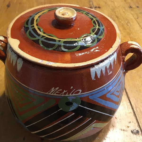 Olla de frijol con arcilla roja mexicana, olla de arte popular tradicional de Tlaquepaque, olla mexicana vintage