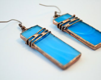 Glass Earrings, Stained Glass Earrings, Sea Glass Earrings, Blue Glass Earrings, Copper Earrings, glass earrings