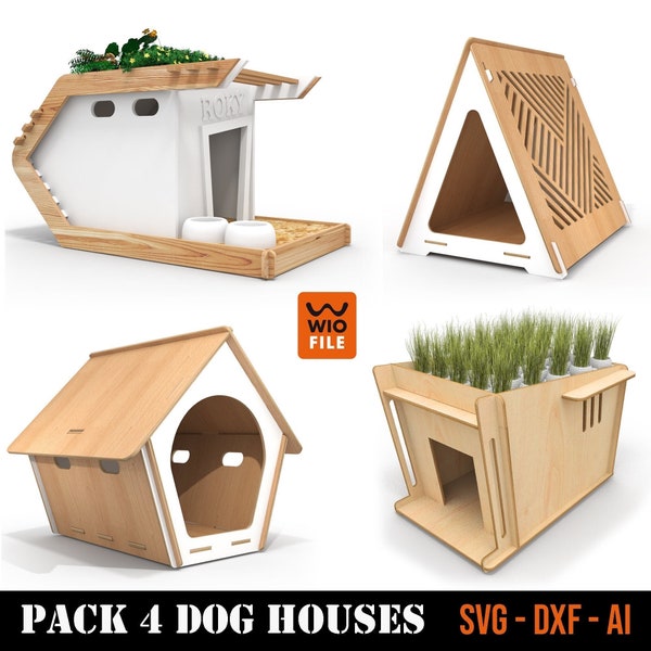 KIT with 4 models of modern dog houses to cut on a laser or cnc router SVG & DXF files in various material thicknesses, cnc files for wood