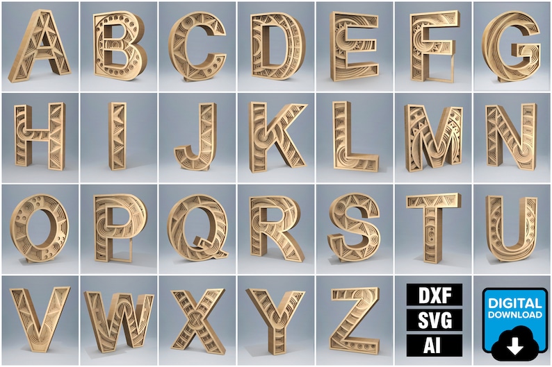 3D ALPHABET Laser Cutting Files for All Letters of the Etsy