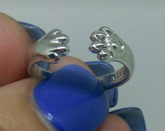 Cat ring, Cat ear and claw 925 silver plated ring, kitty ring, adjustable ring