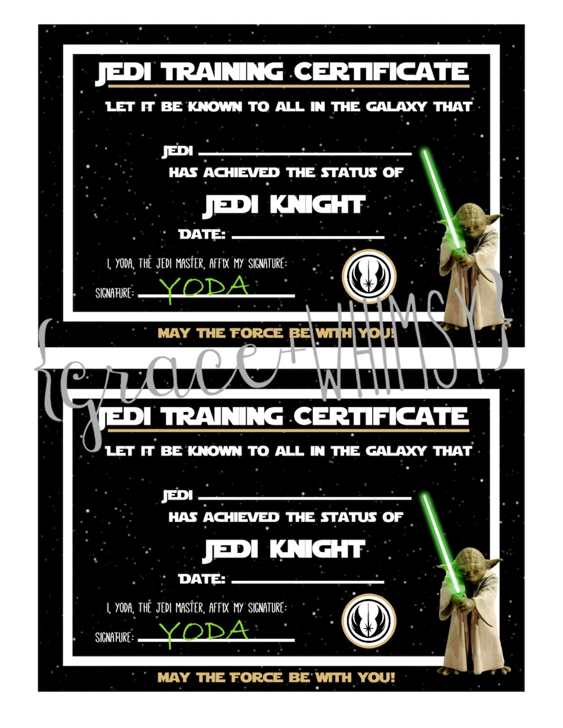 Jedi Training Certificate for Star Wars Party digital / Printable File ...