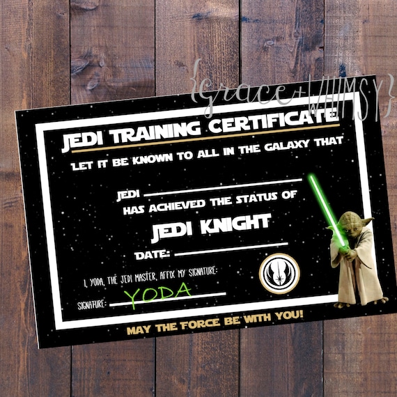 Jedi Training Certificate for Star Wars Party digital / | Etsy