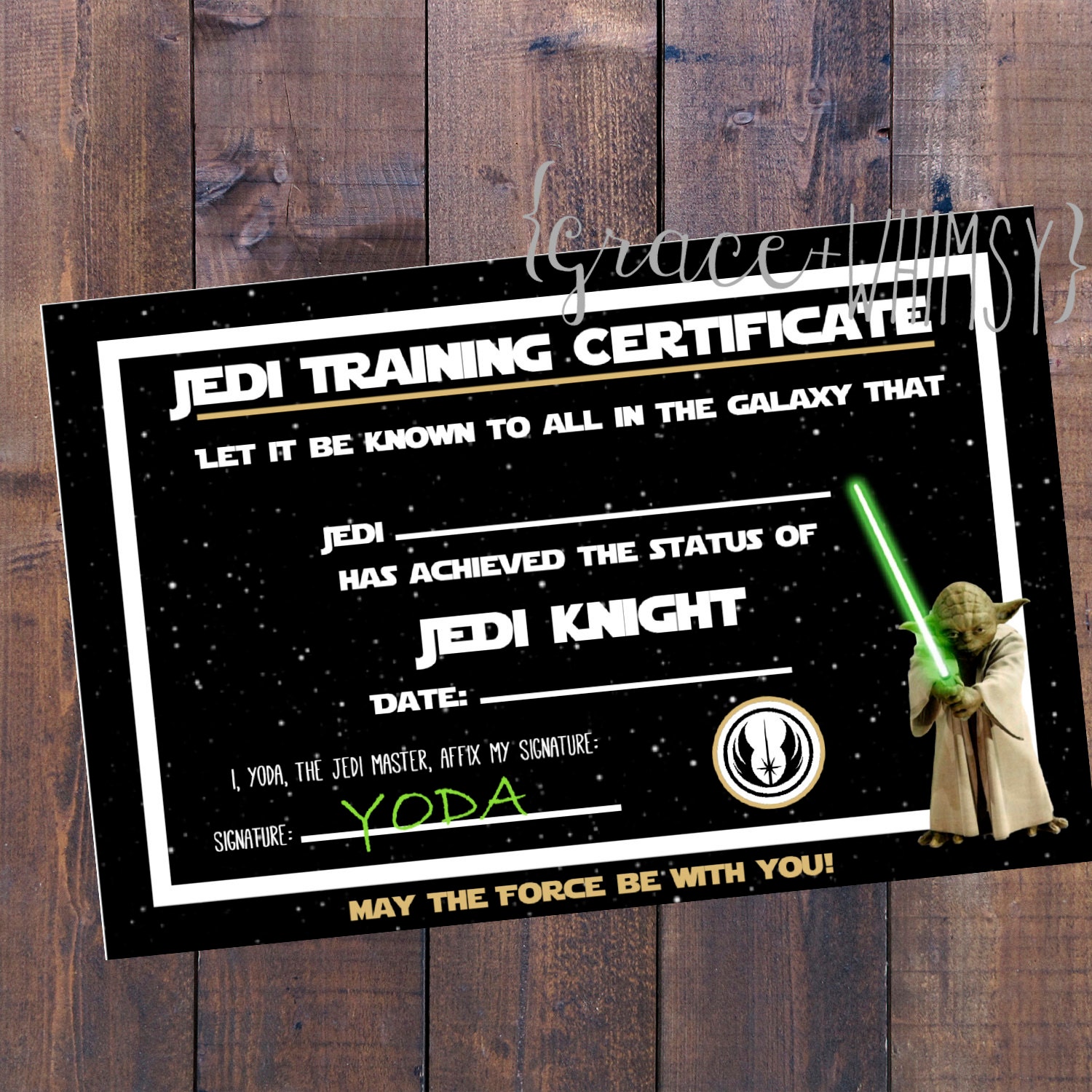 Jedi Training Certificate for Star Wars Party digital / Printable File