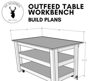 May include: Black and white line drawing of an outfeed table workbench with two shelves and wheels. The table is 60 inches long, 37 inches wide, and 33 1/2 inches tall. The text "OUTFEED TABLE WORKBENCH BUILD PLANS" is at the top of the image. The text "Downloadable PDF" is at the bottom of the image.