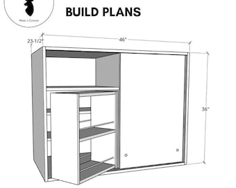 May include: A black and white line drawing of a cabinet with a swing-out door. The cabinet is 46 inches wide and 36 inches tall. The drawing includes measurements for the cabinet's dimensions. The text "SWING OUT CABINET BUILD PLANS" is at the top of the drawing. The text "Downloadable PDF" is at the bottom of the drawing.