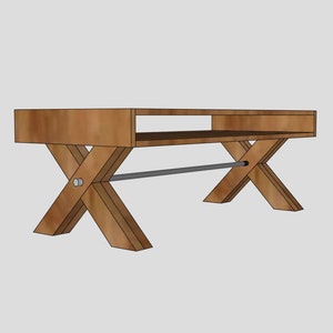 K&ouml;nnte beinhalten: Ein Holz-Couchtisch mit einem Regal und einer Metallstange darunter. Der Tisch hat eine nat&uuml;rliche Holzoptik und ein schlichtes, modernes Design.
