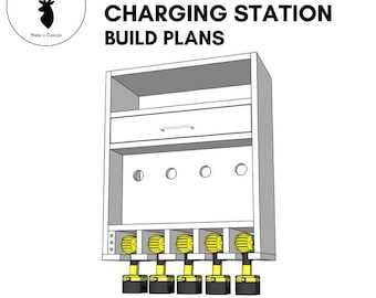 May include: DIY plans for a white wall-mounted drill storage and charging station. The station has a shelf, a drawer, and slots for storing and charging drills. The text "DRILL STORAGE CHARGING STATION BUILD PLANS" is at the top of the image. The text "Downloadable PDF" is at the bottom of the image.