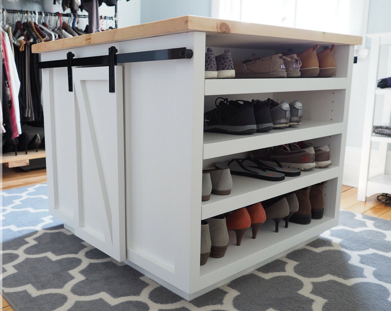 Custom Walk In Closet with Tall Shoe Rack - Transitional - Closet