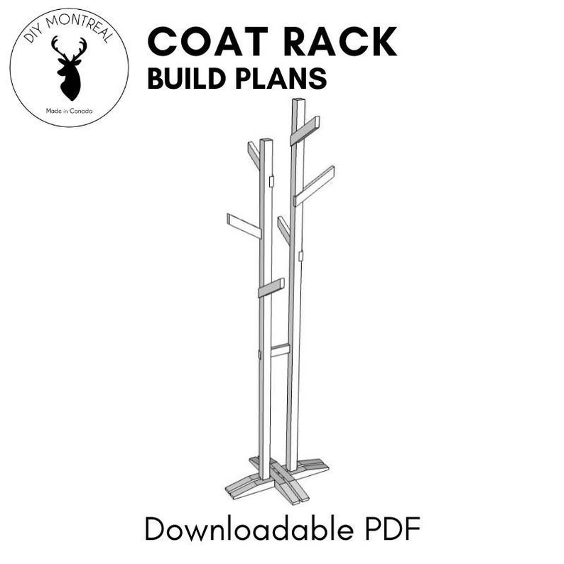 May include: Line drawing of a coat rack build plan. The plan shows a simple coat rack with a base and four branches.
