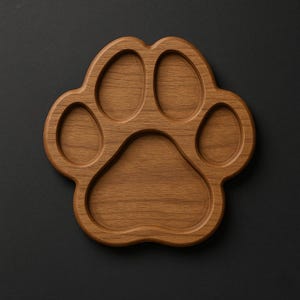 May include: A wooden paw-shaped tray with a natural wood grain finish. The tray features a carved design with four oval indentations and a larger heart-shaped indentation, perfect for pet owners.