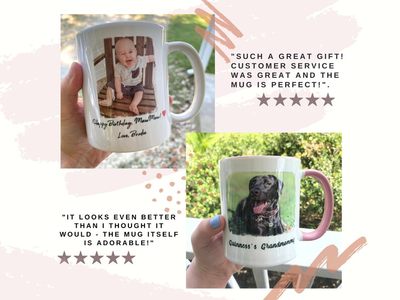 Puede incluir: Dos tazas de cer&aacute;mica blanca con im&aacute;genes y texto personalizados. La primera taza presenta una foto de un beb&eacute; y el texto "Happy Birthday, Maw Maw! Love, Brodie". La segunda taza presenta una foto de un perro negro y el texto "Guinness's Grandmommy".
